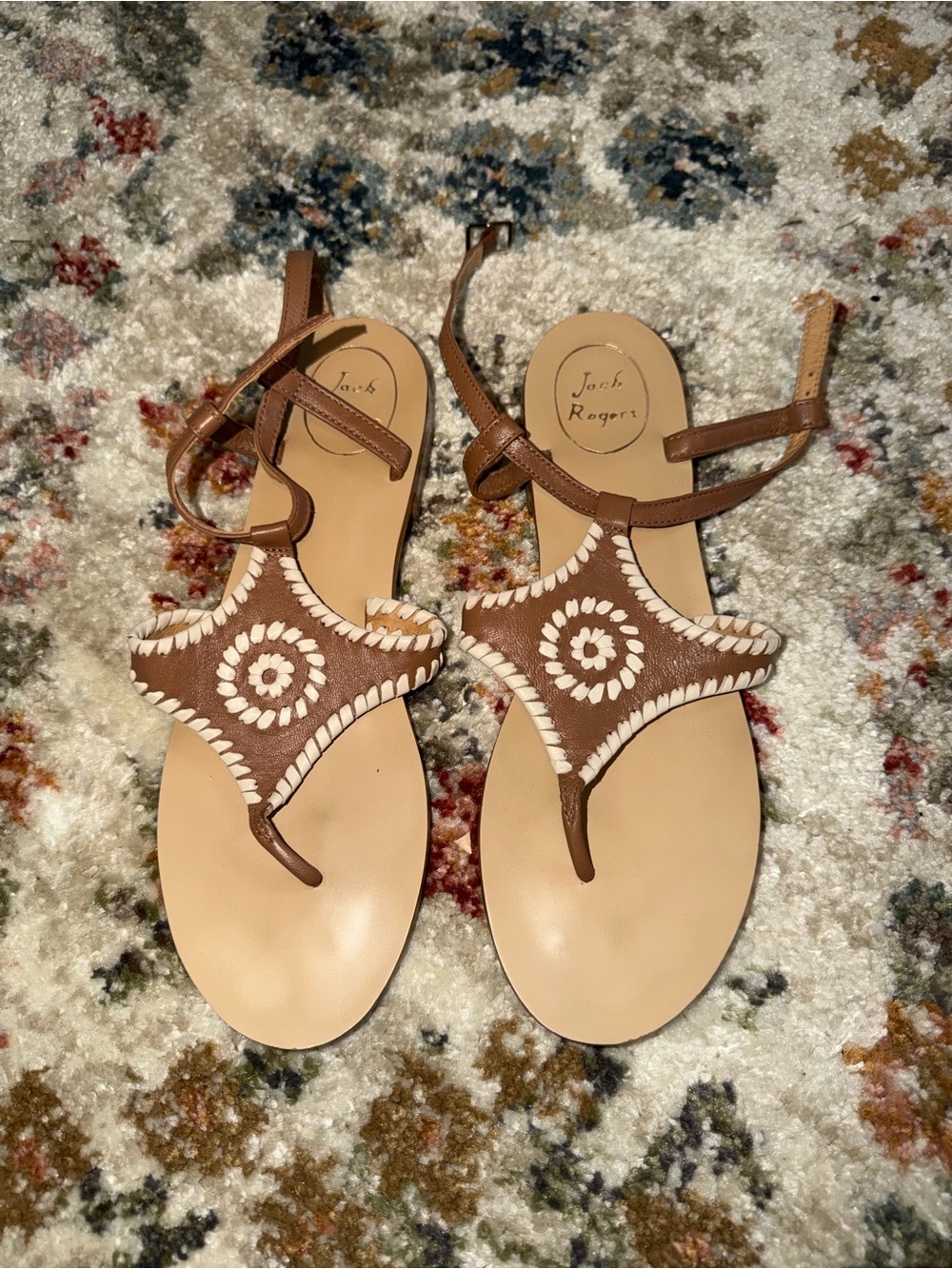 Jack Rogers Brown Leather Embroidered T-Strap Sandals